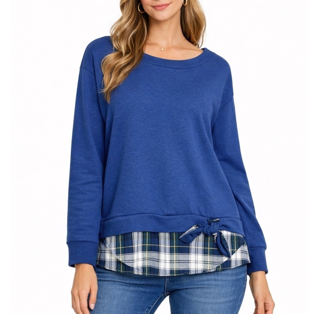 IZOD Womens Peacoat Blue‎ Plaid NWT Layered Look Side Tie Sweatshirt Size M